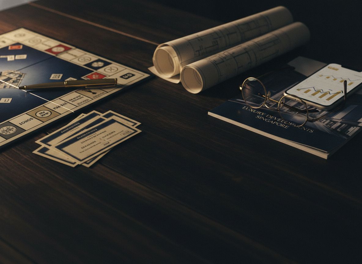 Monopoly board, property deed cards and planning documents on a desk