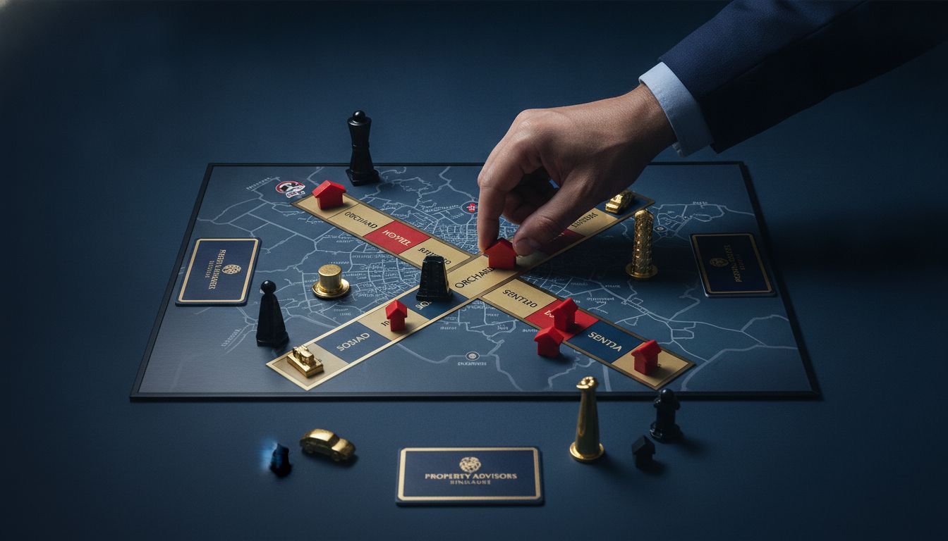 Monopoly-themed visual with board, tokens and Singapore property motifs