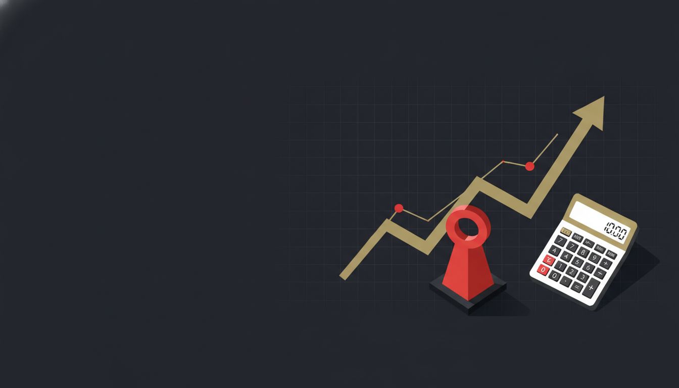 Monopoly-inspired calculator, property token and trend chart on a dark institutional workspace